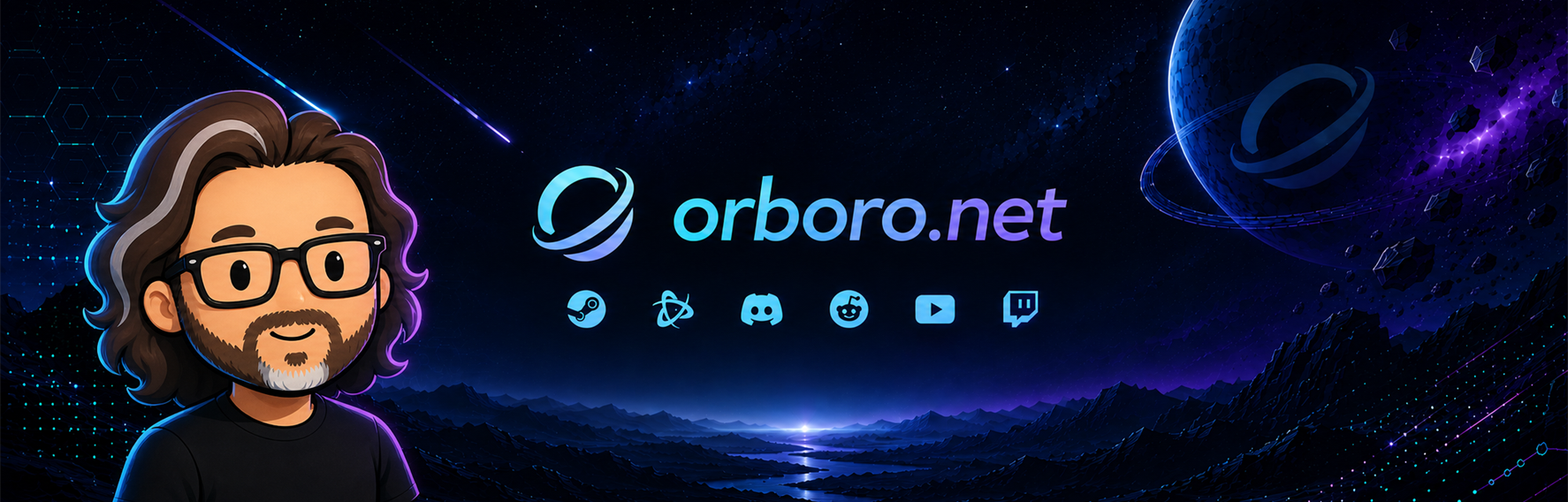 Orboro.net cosmic header artwork featuring the Orboro character